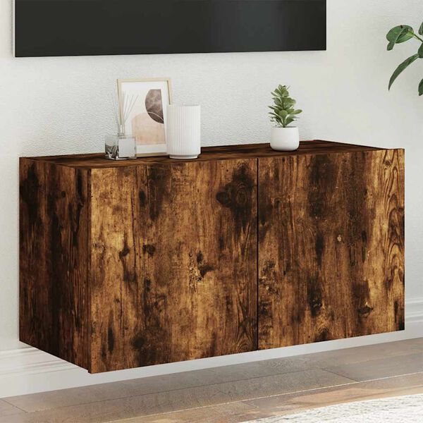 vidaXL TV Wall Cabinet with LED Lights Smoked Oak 80x35x41 cm