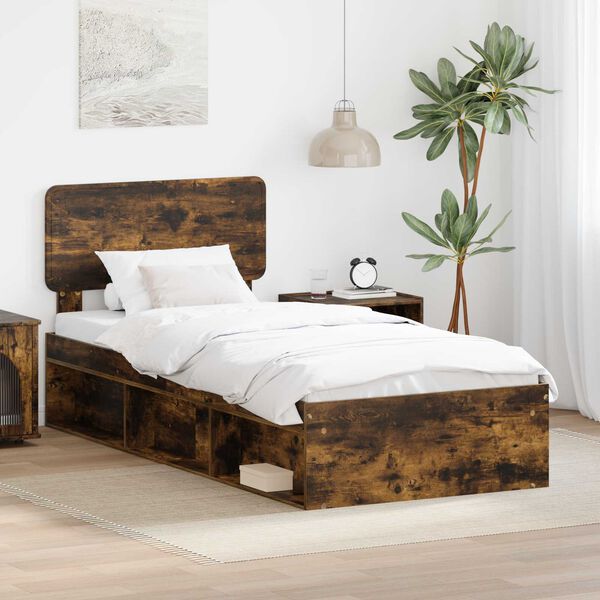 vidaXL Bed Frame with Headboard Smoked Oak 90 x 190 cm Solid Pine Wood