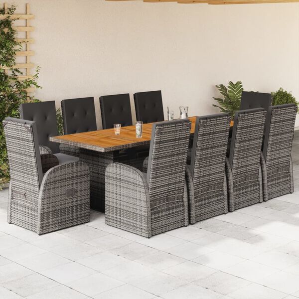 vidaXL 11 Piece Garden Dining Set with Cushions Grey Poly Rattan