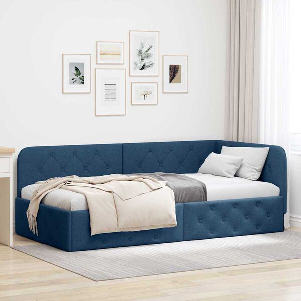 vidaXL Corner Bed Frame with Headboard Blue 90 x 190 cm Fabric