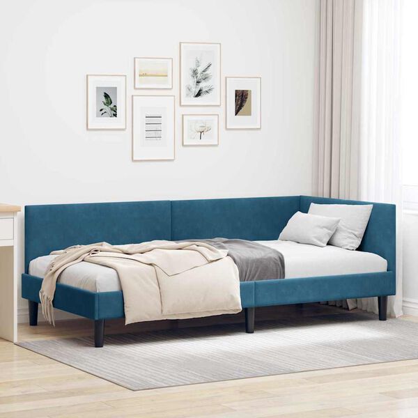 vidaXL Corner Bed Frame with Headboard Blue 90 cm x 200 cm Velvet