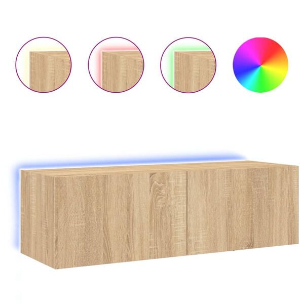 vidaXL TV Wall Cabinet with LED Lights Sonoma Oak 100x35x31 cm