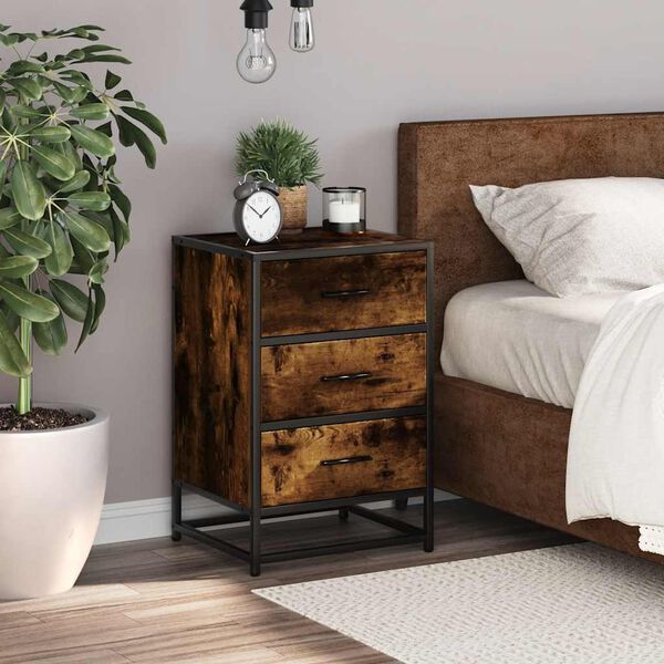 vidaXL Bedside Cabinet Smoked Oak 40x34.5x60 cm Engineered Wood and Metal