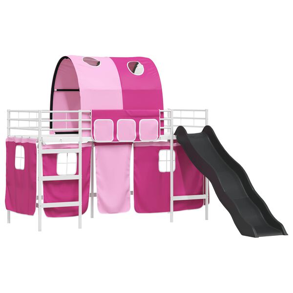 vidaXL Kids'Loft Bed Frame with Curtains, Arch, Slide White and Pink