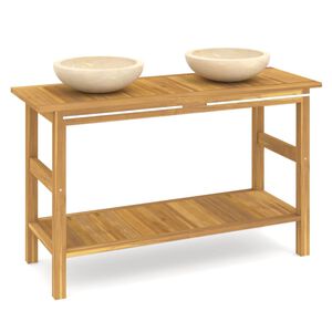 vidaXL Vanity Cabinet With Sink | Cream, Brown | Teak wood, Marble, Seagrass