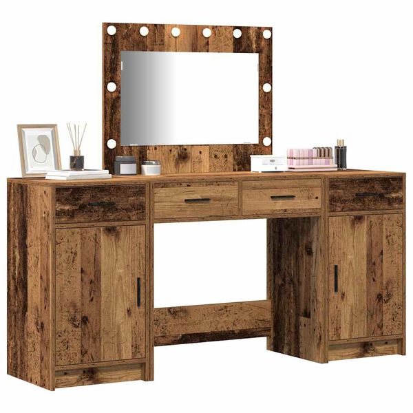 vidaXL Dressing Table with Mirror Lights 3 pcs Brown Engineered Wood