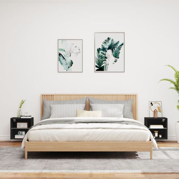 vidaXL Bedside Cabinets with LED Lights Wall-mounted 2 pcs Black