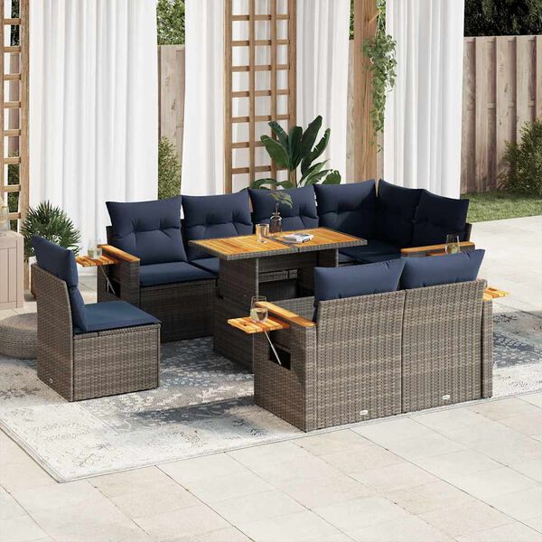 vidaXL 9 Piece Garden Sofa Set with Cushions Grey Poly Rattan Acacia