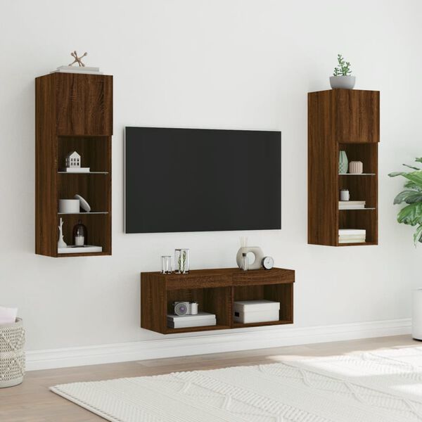 vidaXL 4 Piece TV Wall Cabinets with LED Lights Brown Oak
