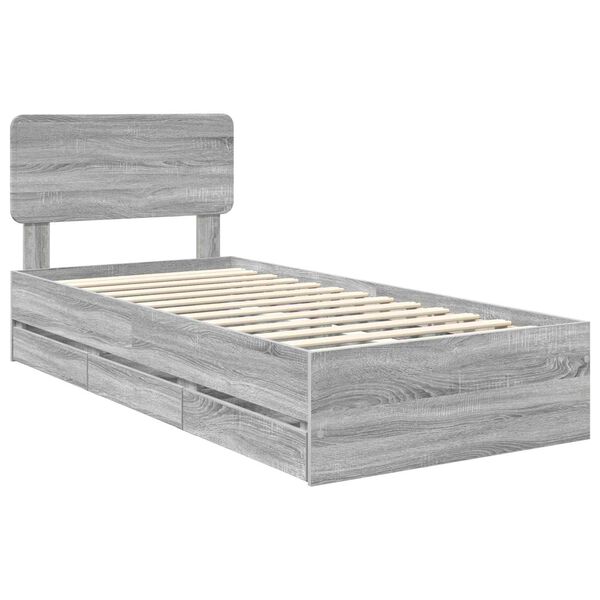 vidaXL Bed Frame with Drawer Grey Sonoma 75 x 190 cm Engineered Wood