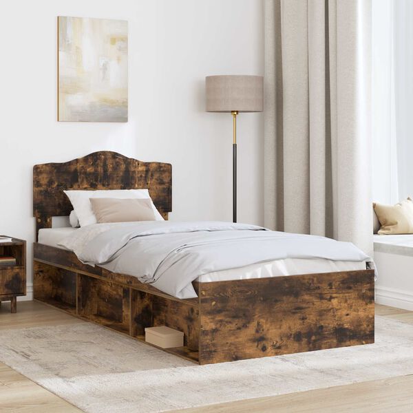 vidaXL Bed Frame with Headboard Smoked Oak 90 x 200 cm Solid Pine Wood