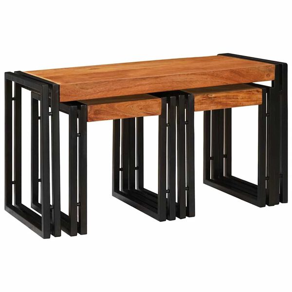 vidaXL Nesting Table 3 pcs Brown and Black Solid Acacia Wood and Metal