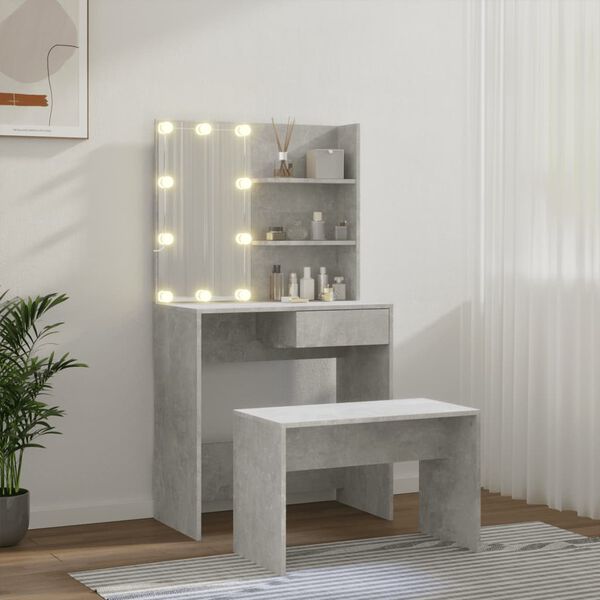 vidaXL Dressing Table Set with LED Concrete Grey Engineered Wood