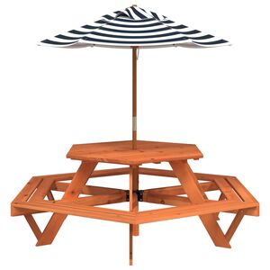 vidaXL Picnic Table for 6 Kids with Umbrella Hexagon Solid Wood Fir