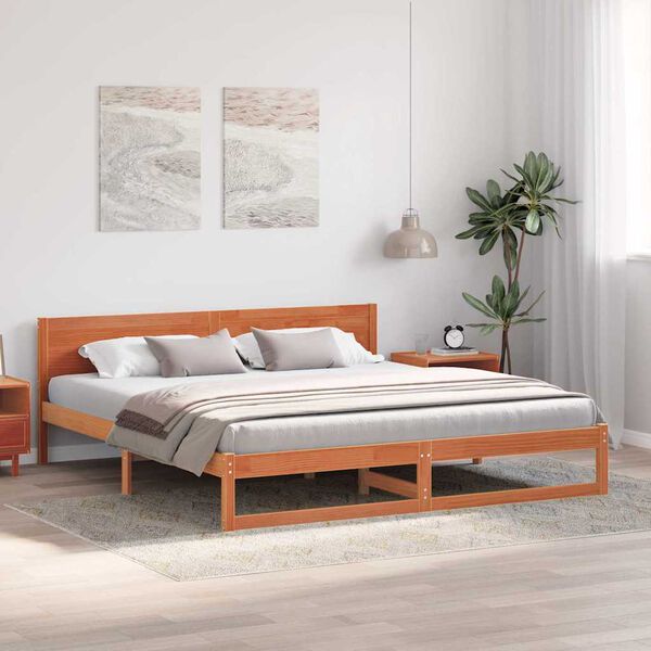 vidaXL Bed Frame with Headboard Wax Brown 200 x 200 cm Solid Pine Wood