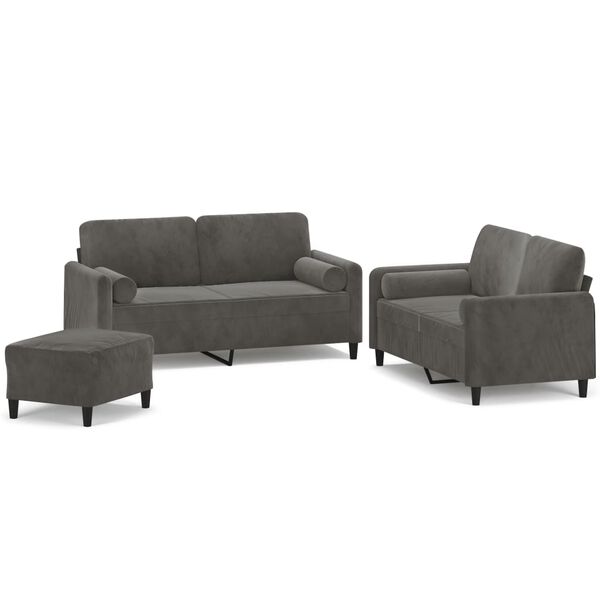 vidaXL 3 Piece Sofa Set with Throw Pillows&Cushions Dark Grey Velvet