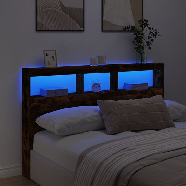 vidaXL Headboard Cabinet with LED Smoked Oak 160x17x102 cm