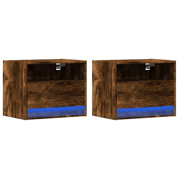 vidaXL Wall-mounted Bedside Cabinets with LED Lights 2 pcs Smoked Oak