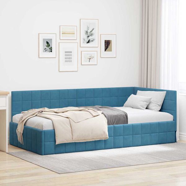 vidaXL Corner Bed Frame with Headboard Blue 90 x 190 cm Velvet