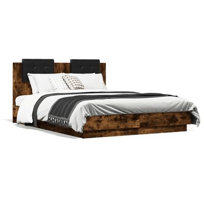 vidaXL Bed Frame with Headboard and LED Lights Smoked Oak 120x190 cm Small Double