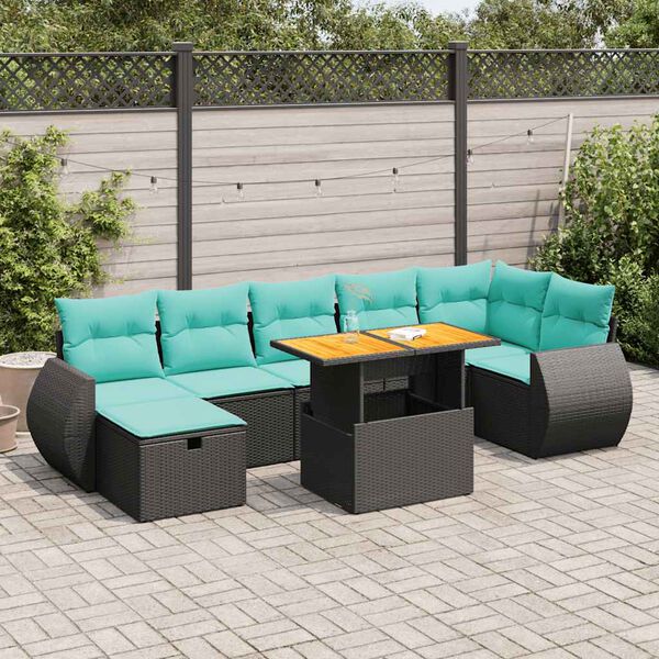 vidaXL 8 Piece Garden Sofa Set with Cushions Black Poly Rattan Acacia