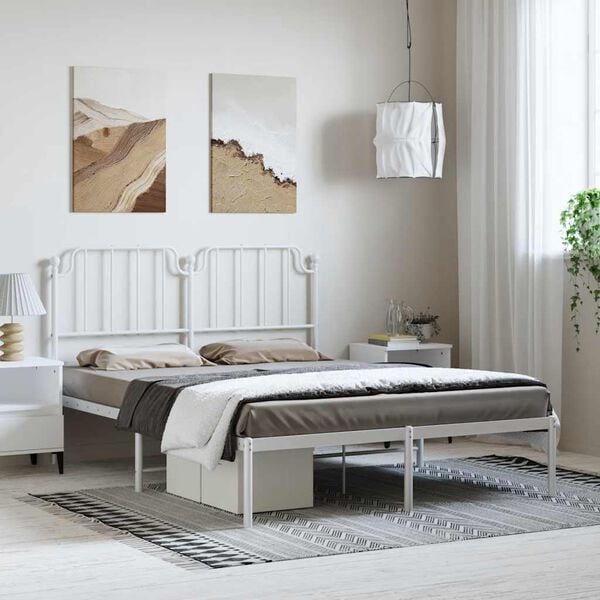vidaXL Metal Bed Frame without Mattress with Headboard White 135x190cm