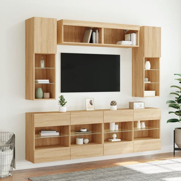 vidaXL 6 Piece TV Wall Cabinet Set with LED Lights Sonoma Oak