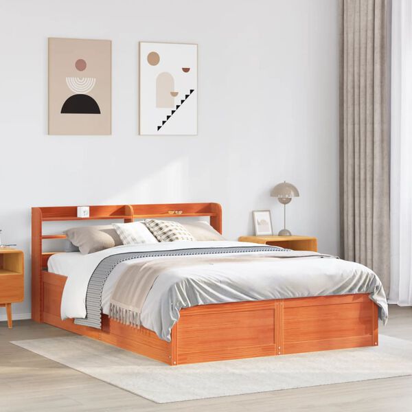 vidaXL Bed Frame with Headboard Wax Brown 150x200 cm King Size Solid Wood Pine