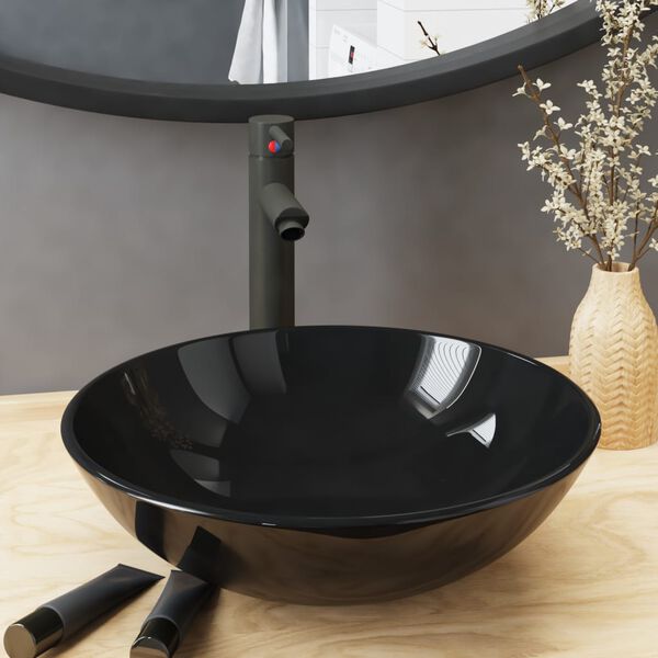 vidaXL Bathroom Sink with Tap and Push Drain Black Tempered Glass