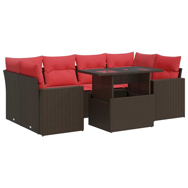vidaXL 7 Piece Garden Sofa Set with Cushions Brown Poly Rattan Acacia