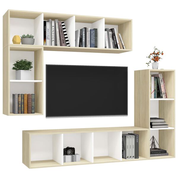 vidaXL 4 Piece TV Cabinet Set White and Sonoma Oak Engineered Wood
