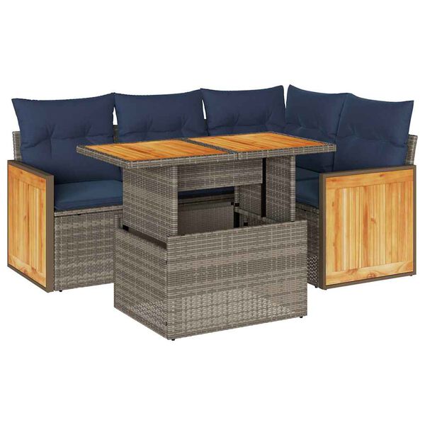vidaXL 5 Piece Garden Sofa Set with Cushions Grey Poly Rattan Acacia