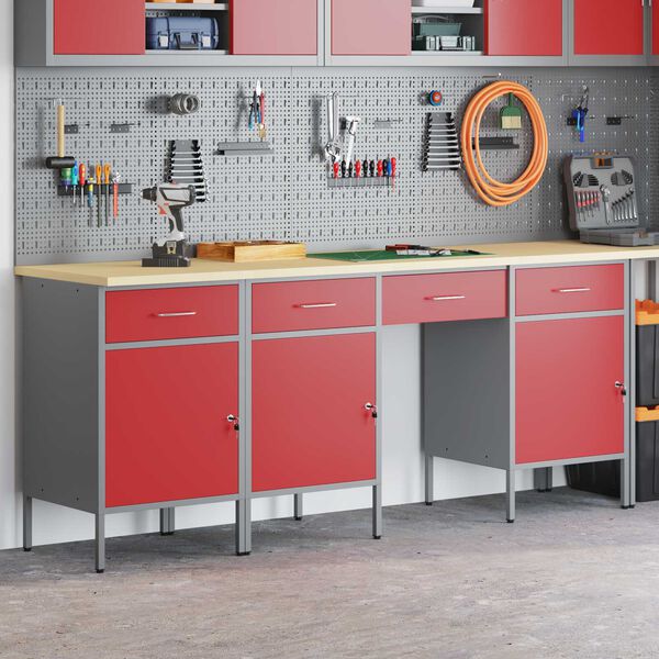 vidaXL Work Cabinet with Drawer with Lock 4 pcs Red 200 x 55 x 85 cm