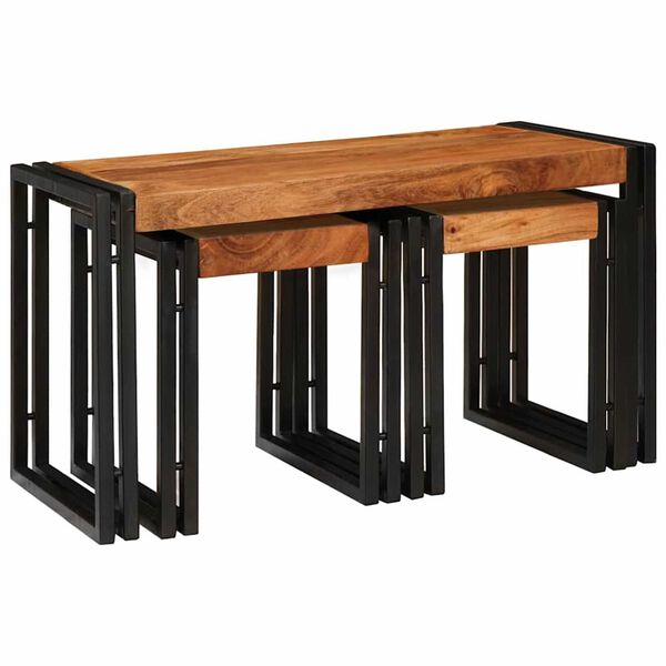 vidaXL Nesting Table 3 pcs Brown and Black Solid Acacia Wood and Metal