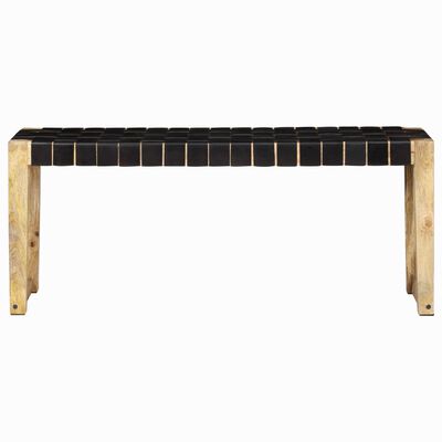 vidaXL Bench 110 cm Black Real Leather and Solid Mango Wood