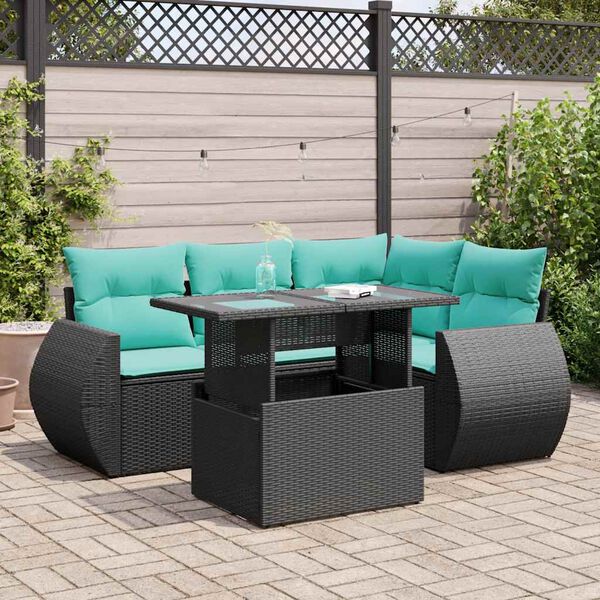 vidaXL 5 Piece Garden Sofa Set with Cushions Black Poly Rattan Acacia