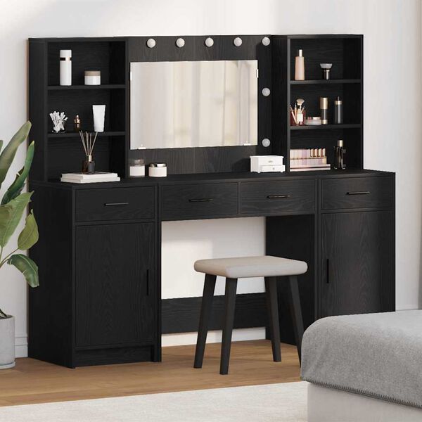 vidaXL Dressing Table Set with Drawer 3 pcs Black oak Engineered wood