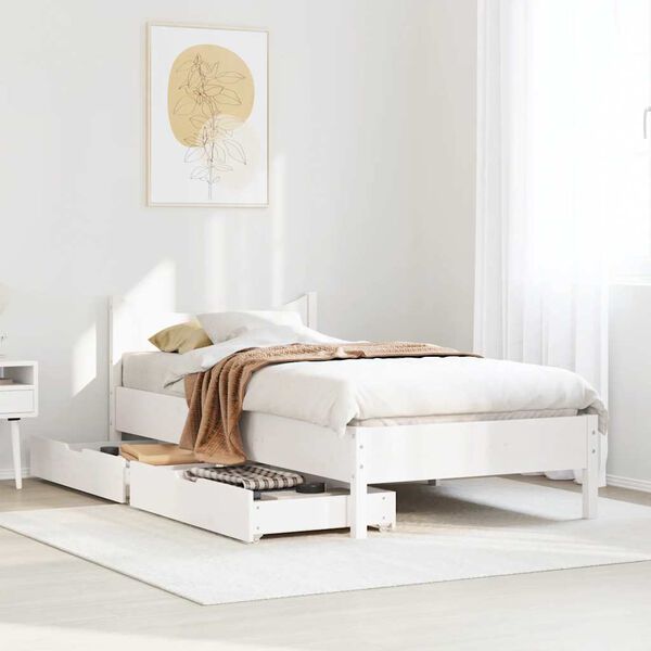 vidaXL Bed Frame with Drawers White 90x190 cm Single Solid Wood Pine