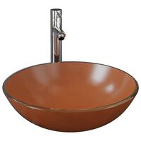 vidaXL Bathroom Sink with Tap and Push Drain Brown Tempered Glass