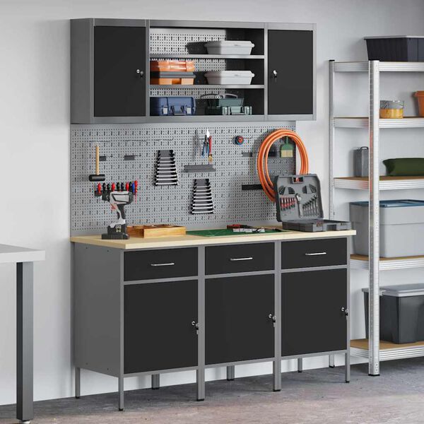vidaXL Work Cabinet with Drawer 7 pcs Black Engineered Wood and Steel
