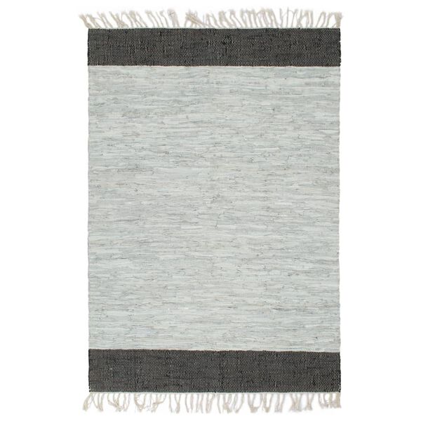 vidaXL Hand-woven Chindi Rug Leather 80x160 cm Light Grey and Black