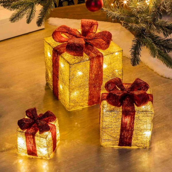 HI LED Illuminated Christmas Giftbox with Red Ribbons 3 pcs