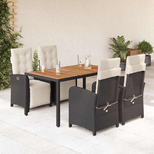 vidaXL 5 Piece Garden Dining Set with Cushions Black Poly Rattan