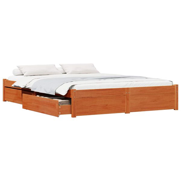 vidaXL Bed Frame with Drawer Wax Brown 160 x 200 cm Solid Pine Wood