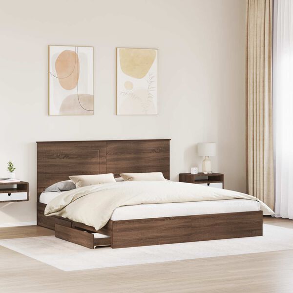 vidaXL Storage Bed with Drawer Brown Oak 200 x 200 cm Engineered Wood