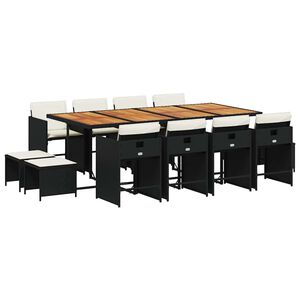 vidaXL 13 Piece Garden Dining Set with Cushions Black Poly Rattan