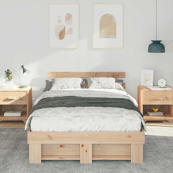 vidaXL Bed Frame with Headboard Brown 135 x 190 cm Solid Pine Wood