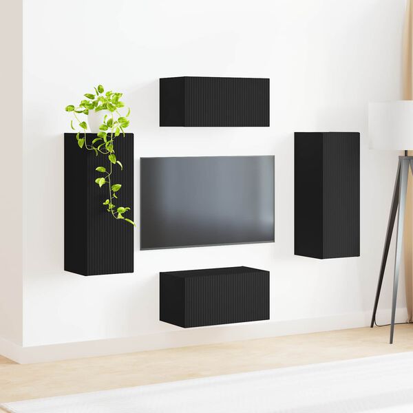 vidaXL TV Cabinet Set Wall-mounted 2 pcs Black Engineered Wood