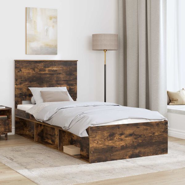 vidaXL Bed Frame with Headboard Smoked Oak 90 x 190 cm Solid Pine Wood
