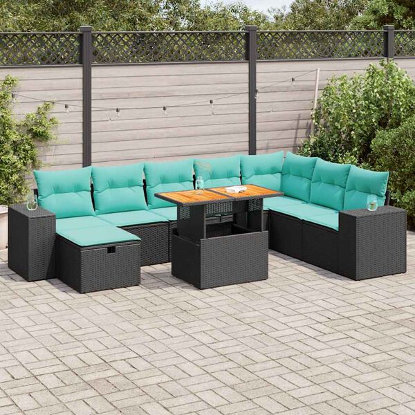 vidaXL 9 Piece Garden Sofa Set with Cushions Black Poly Rattan Acacia